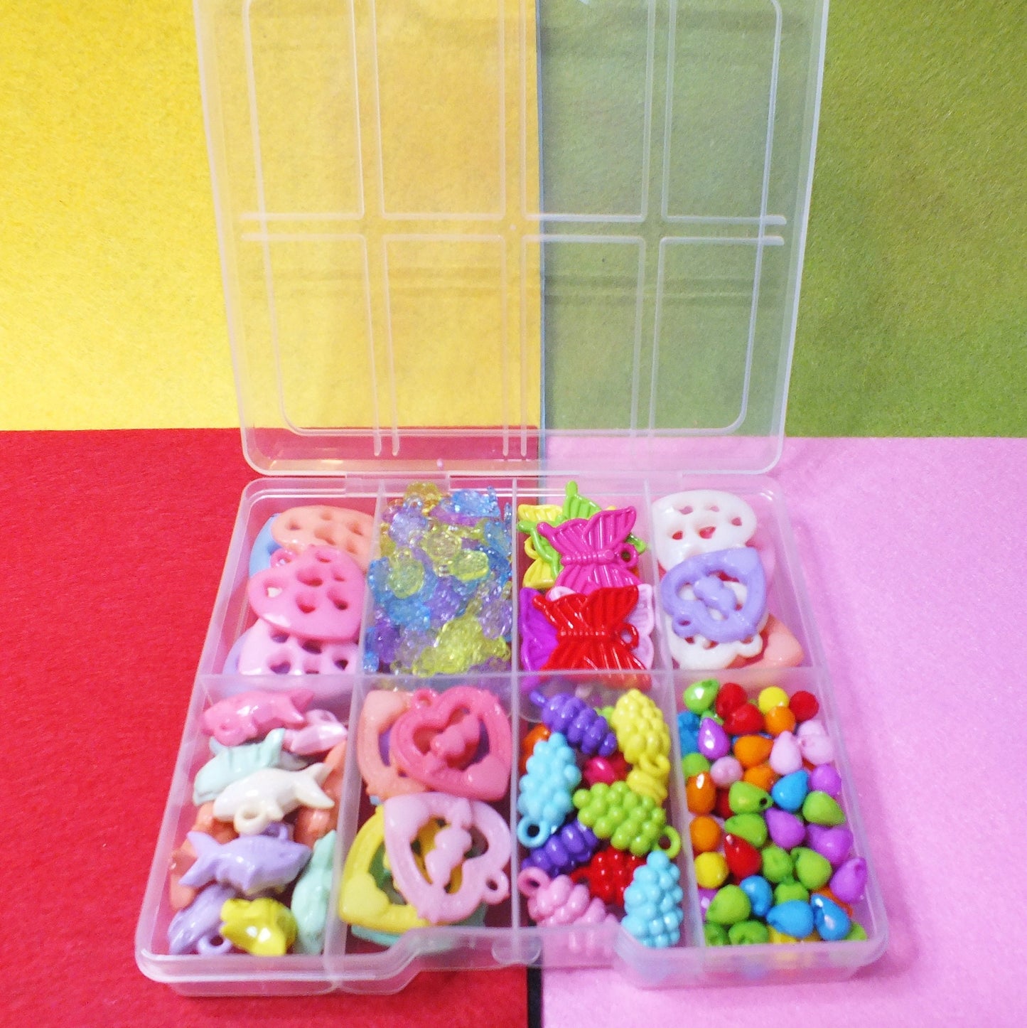 256pc mixed box of charms - hearts, flowers, butterflies, sharks, grapes, droplets