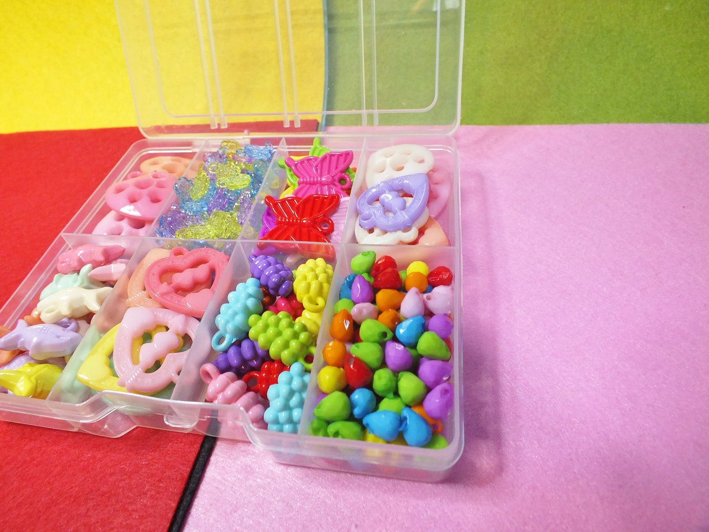 256pc mixed box of charms - hearts, flowers, butterflies, sharks, grapes, droplets