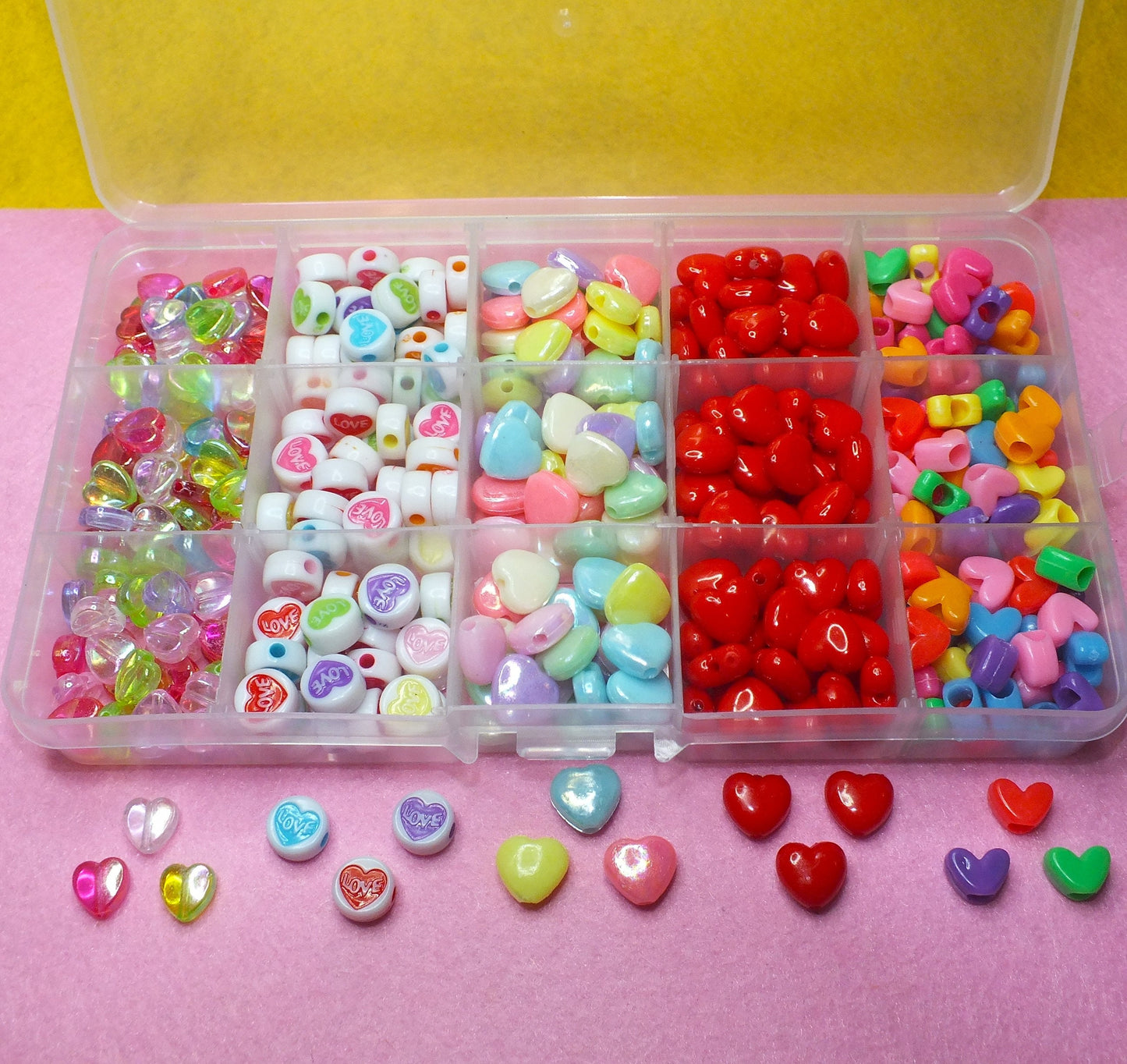 396pcs Love heart beads craft box - 5 styles, in a plastic storage box