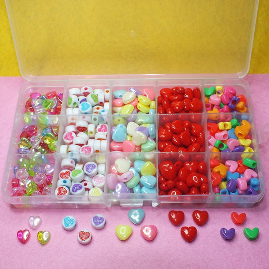 396pcs Love heart beads craft box - 5 styles, in a plastic storage box