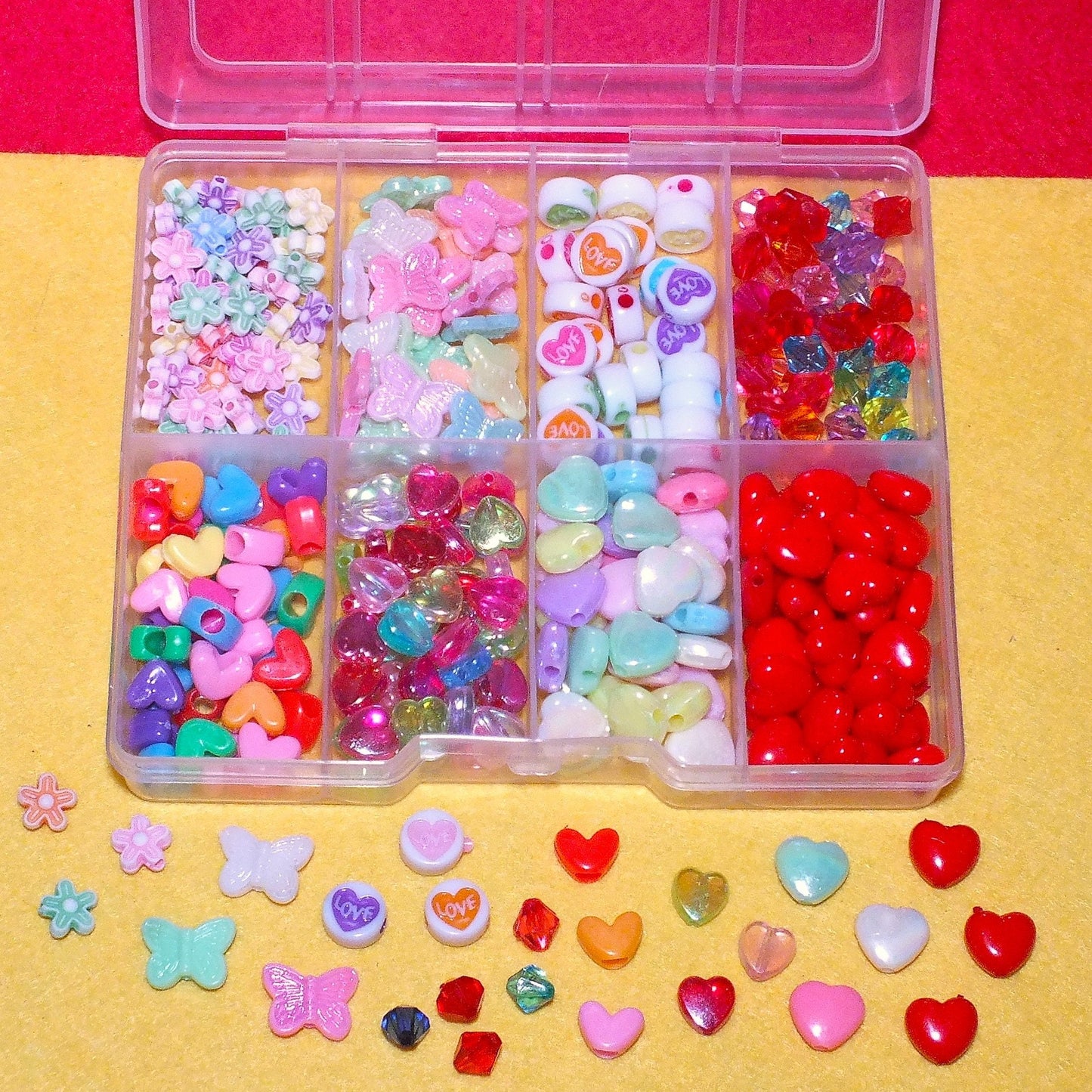 300pcs Valentines bead box with love hearts, flowers, butterflies & more, in a plastic storage box