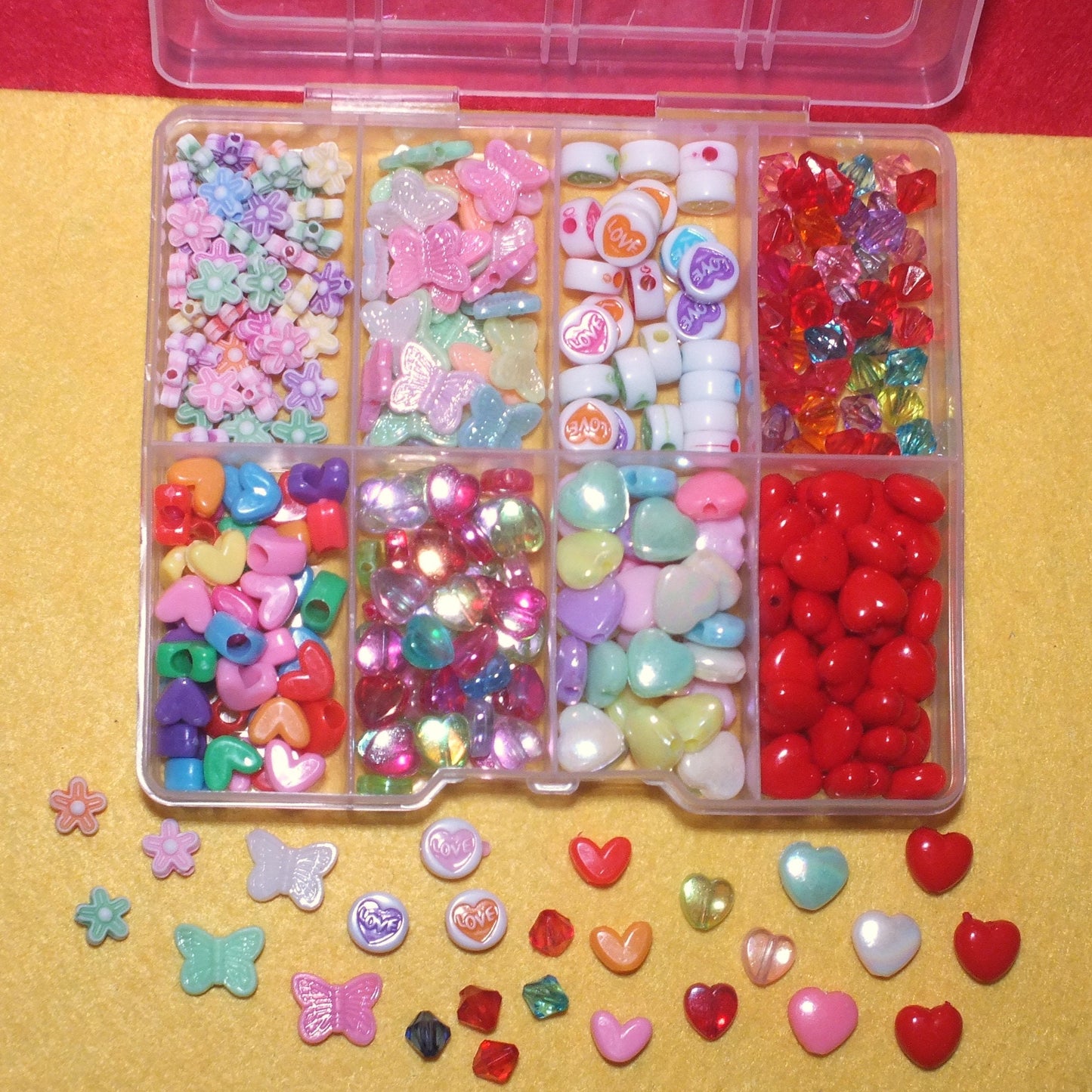 300pcs Valentines bead box with love hearts, flowers, butterflies & more, in a plastic storage box