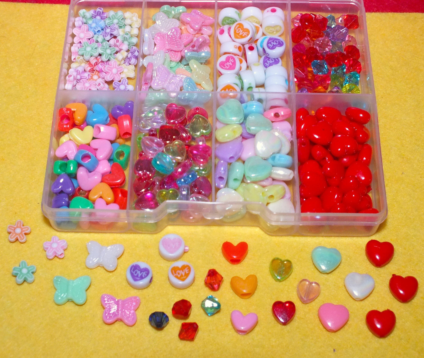 300pcs Valentines bead box with love hearts, flowers, butterflies & more, in a plastic storage box