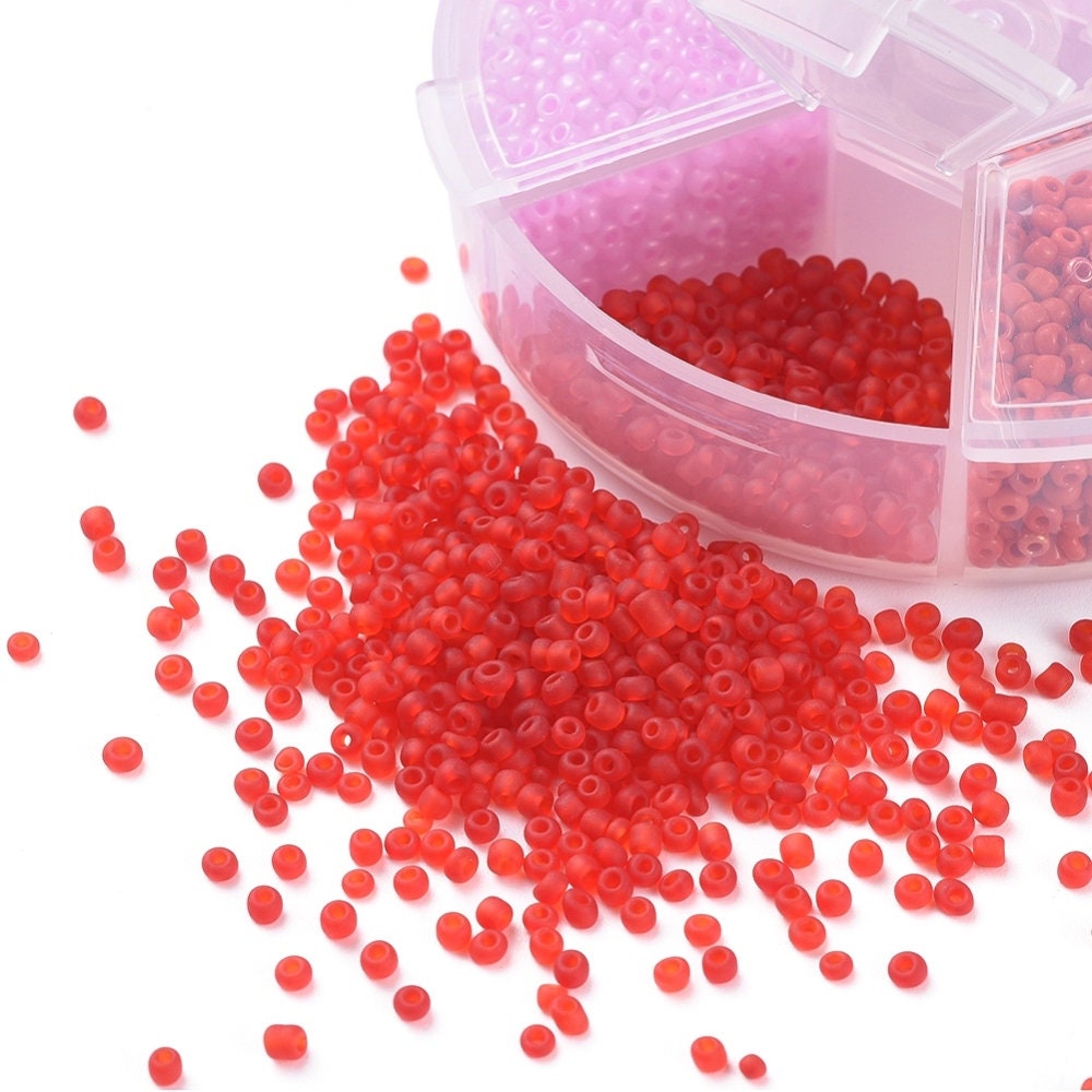2mm seed bead selection box - red / pink, assorted styles and finishes