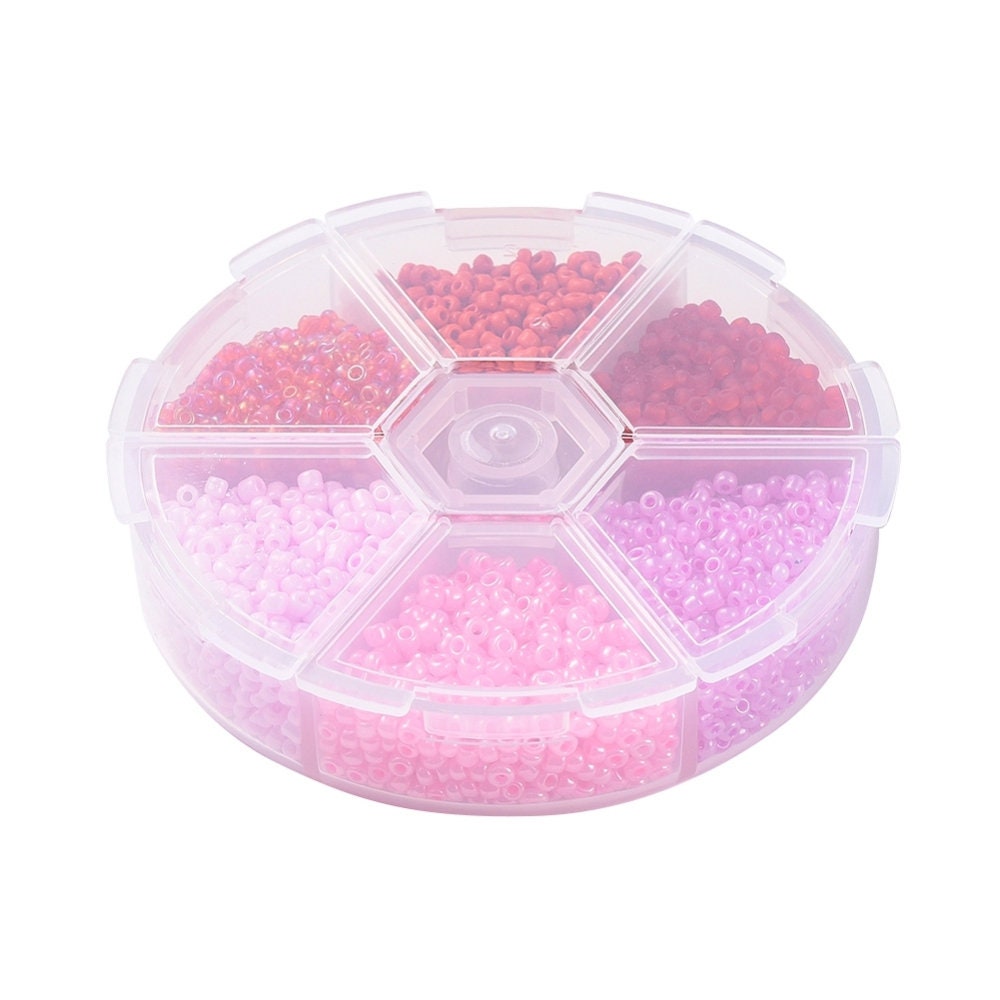 2mm seed bead selection box - red / pink, assorted styles and finishes