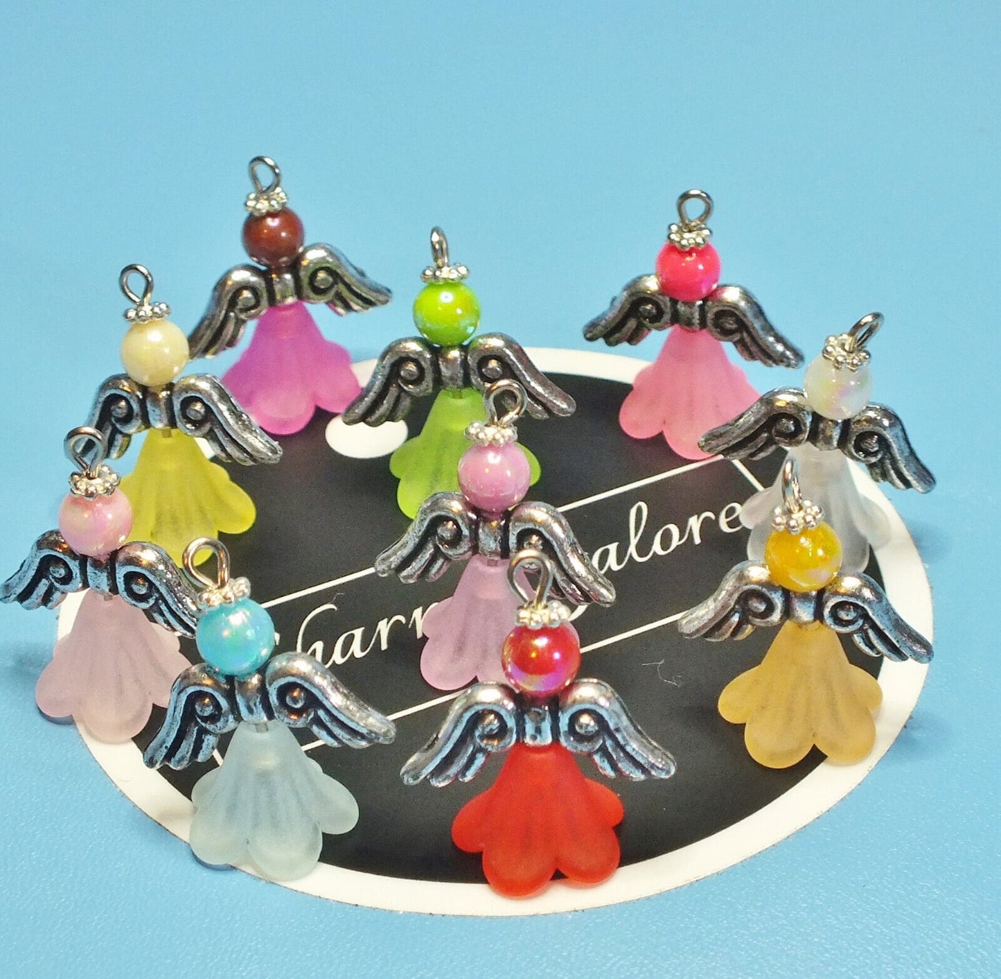 Rainbow frosted large angel charms (10-100pcs, plain, on clasps or lanyards)