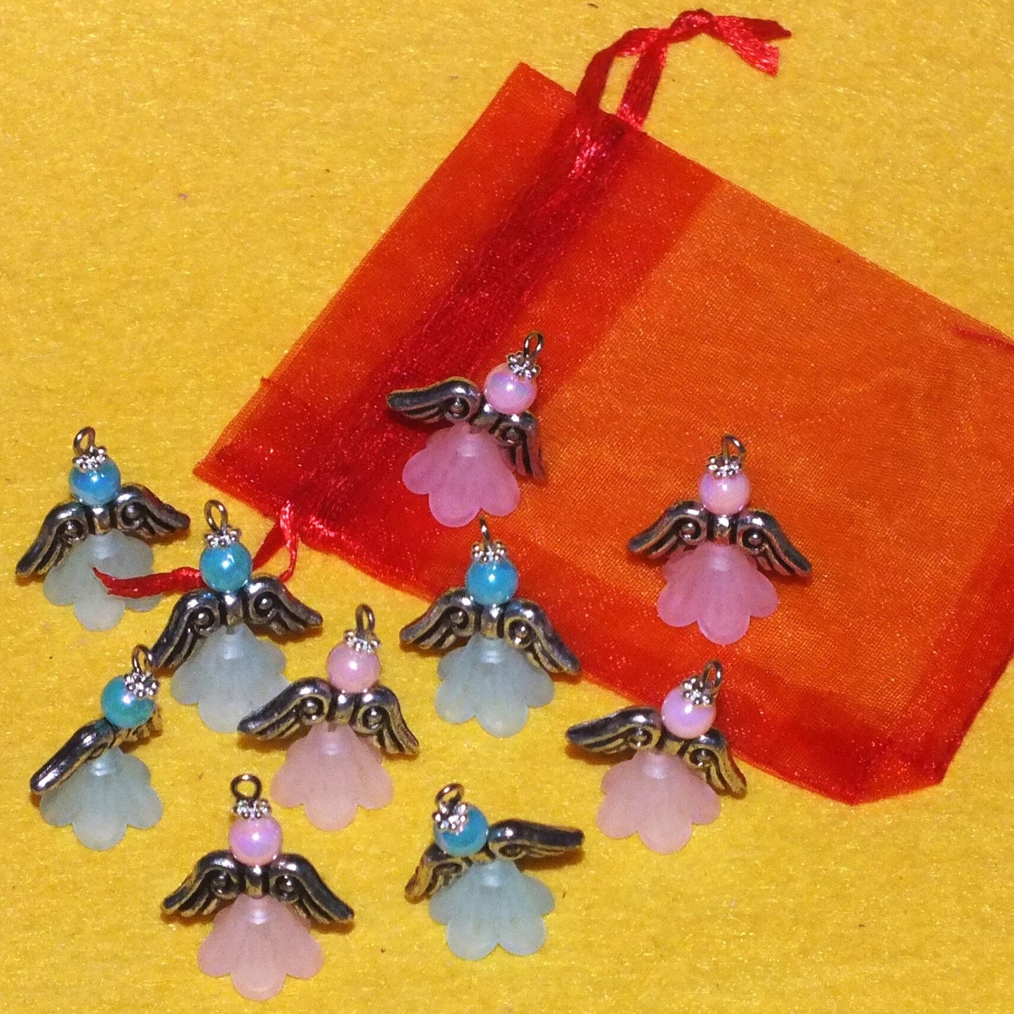 Blue/pink mix frosted large angel charms (10-100pcs, plain, on clasps or lanyards)