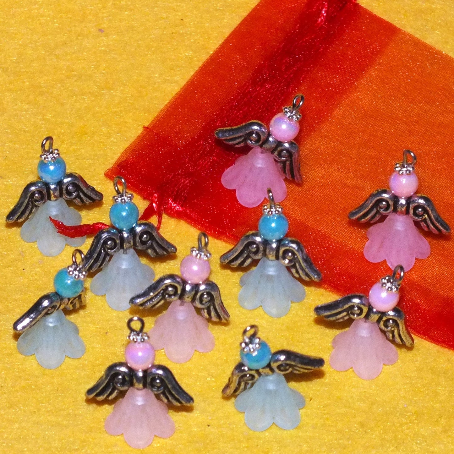 Blue/pink mix frosted large angel charms (10-100pcs, plain, on clasps or lanyards)