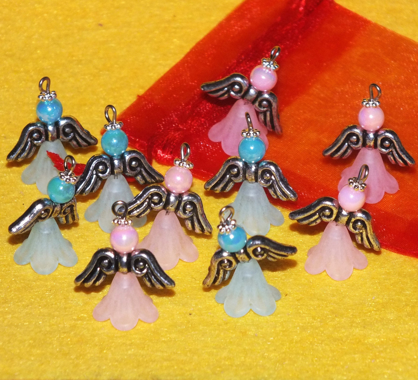 Blue/pink mix frosted large angel charms (10-100pcs, plain, on clasps or lanyards)