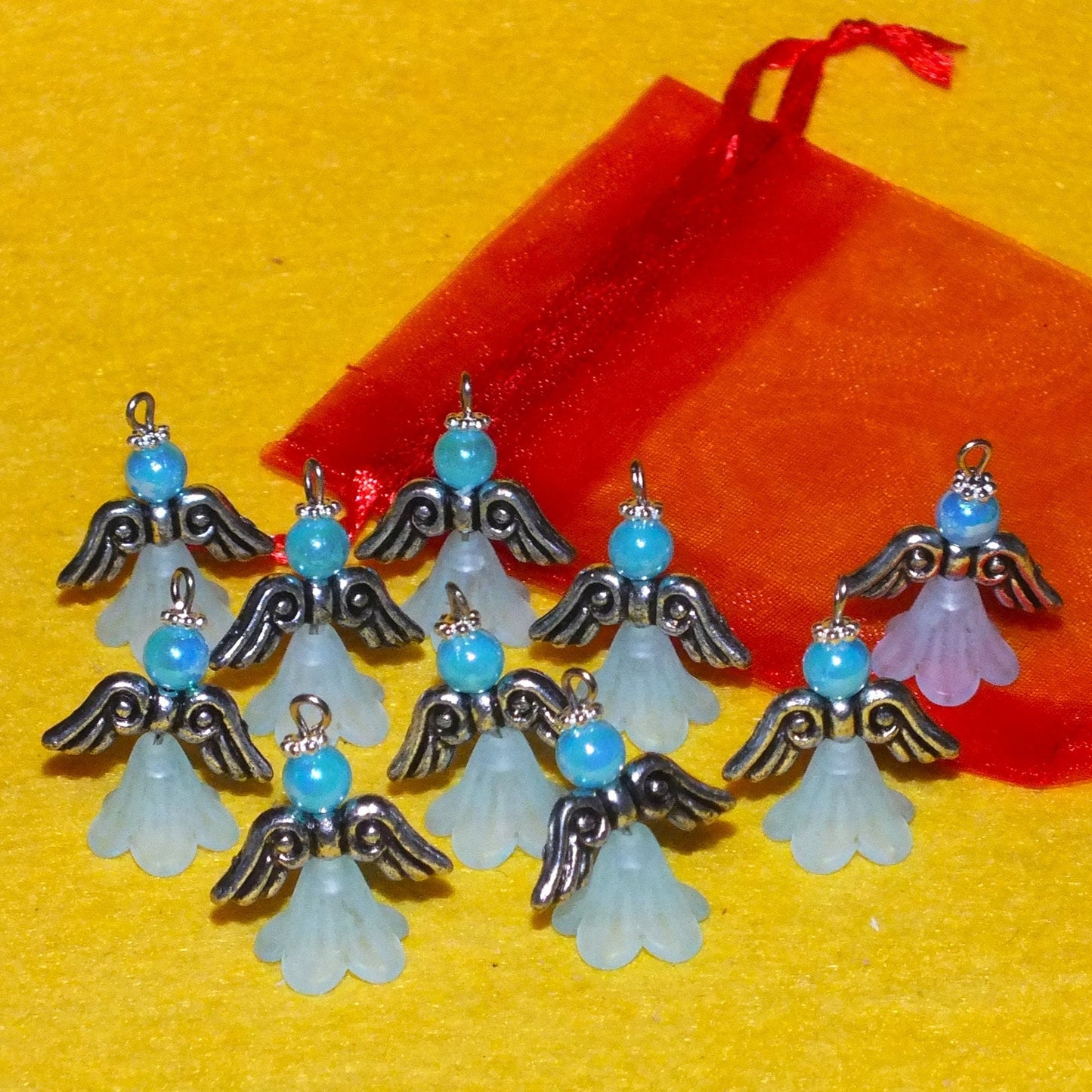 Blue frosted large angel charms (10-100pcs, plain, on clasps or lanyards)