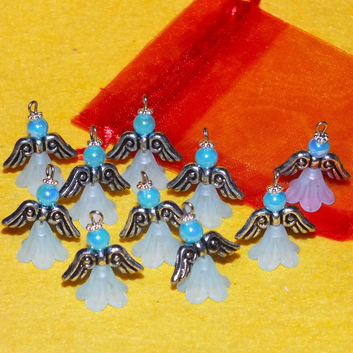 Blue frosted large angel charms (10-100pcs, plain, on clasps or lanyards)