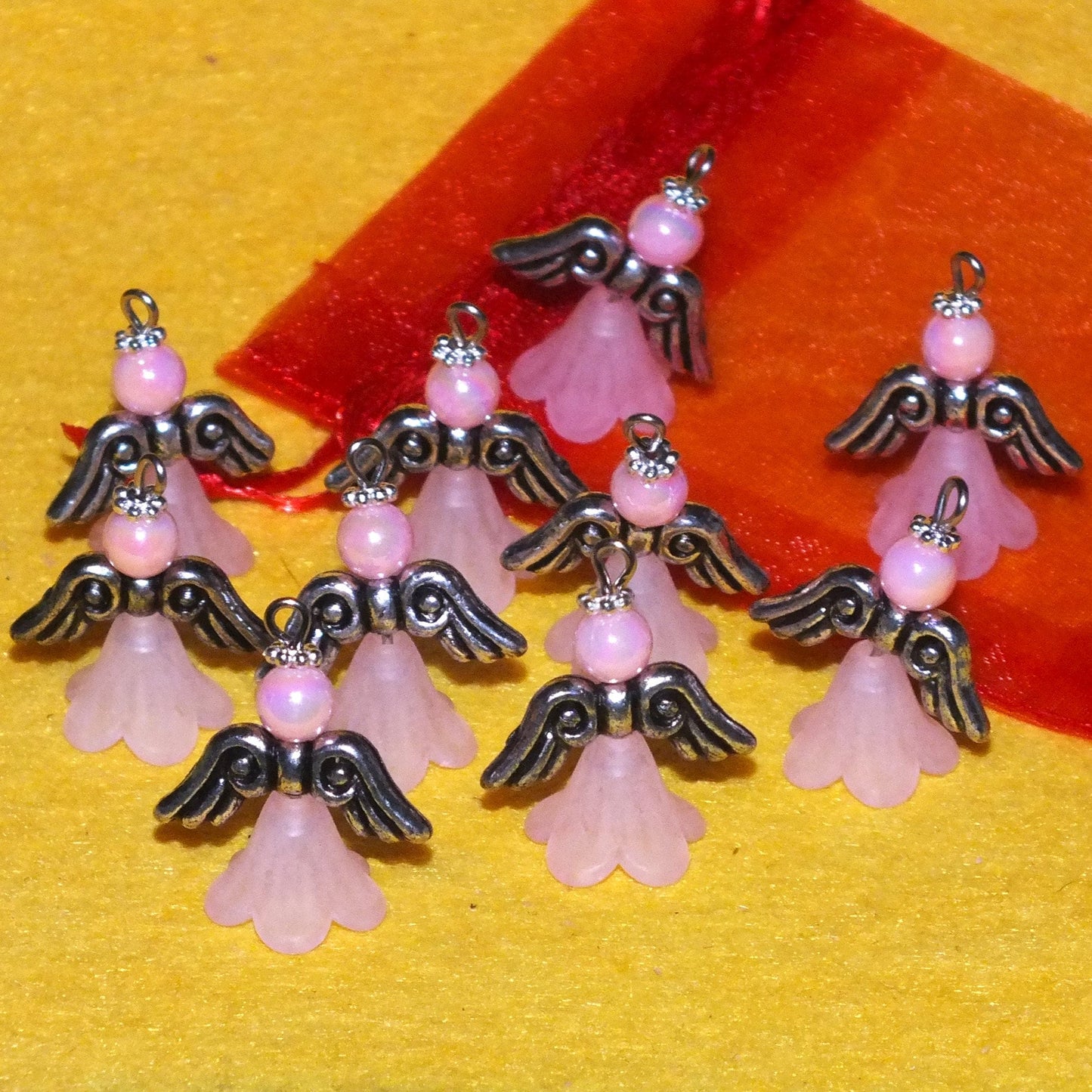 Pink frosted large angel charms (10-100pcs, plain, on clasps or lanyards)