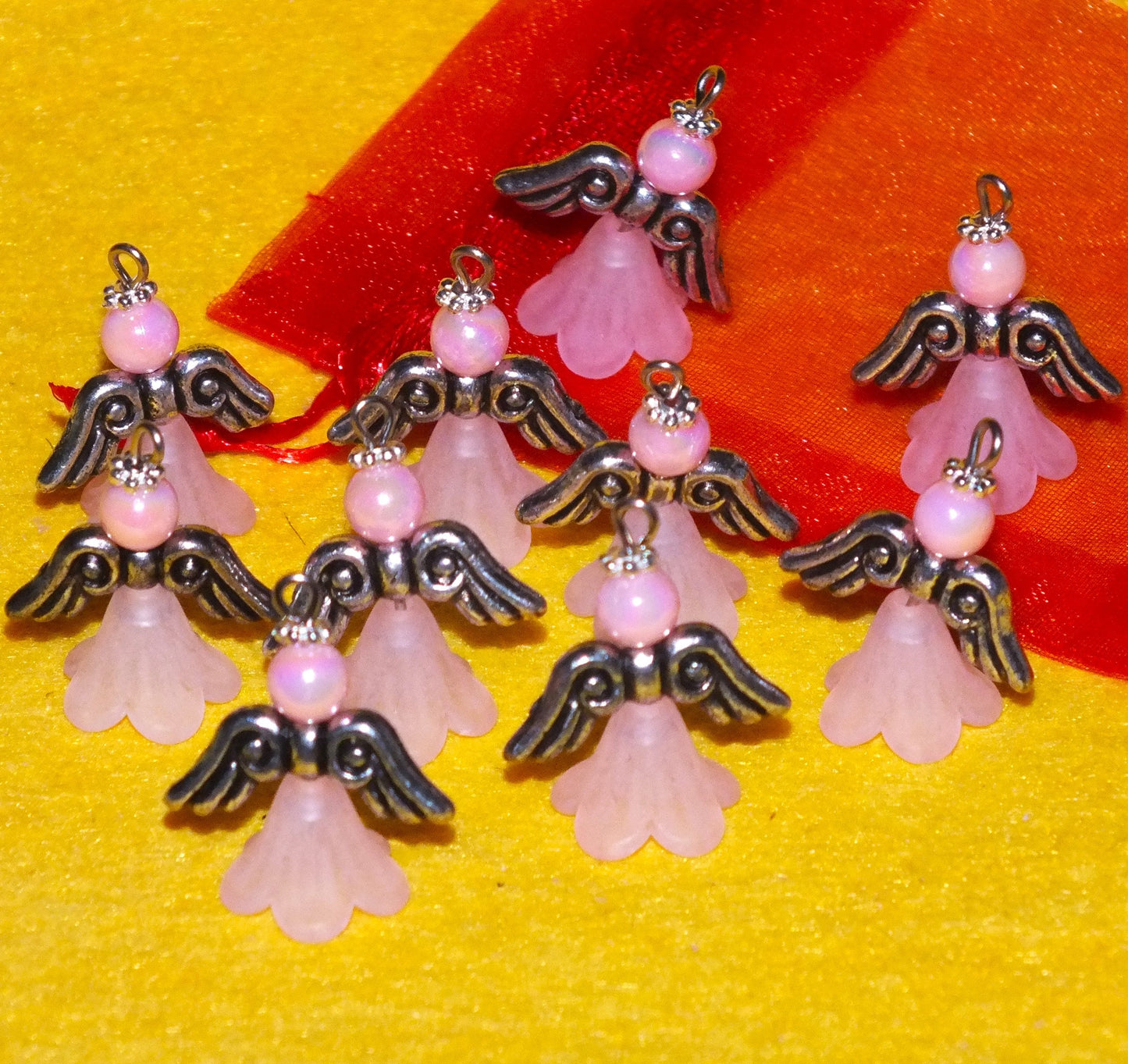 Pink frosted large angel charms (10-100pcs, plain, on clasps or lanyards)