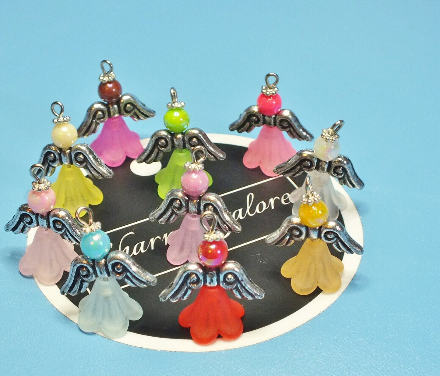Rainbow frosted large angel charms (10-100pcs, plain, on clasps or lanyards)