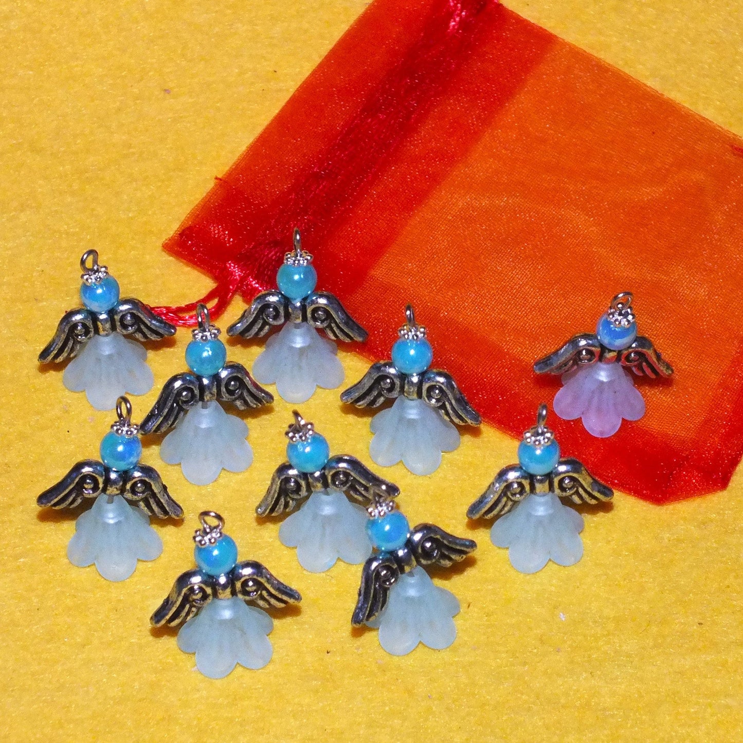 Blue frosted large angel charms (10-100pcs, plain, on clasps or lanyards)
