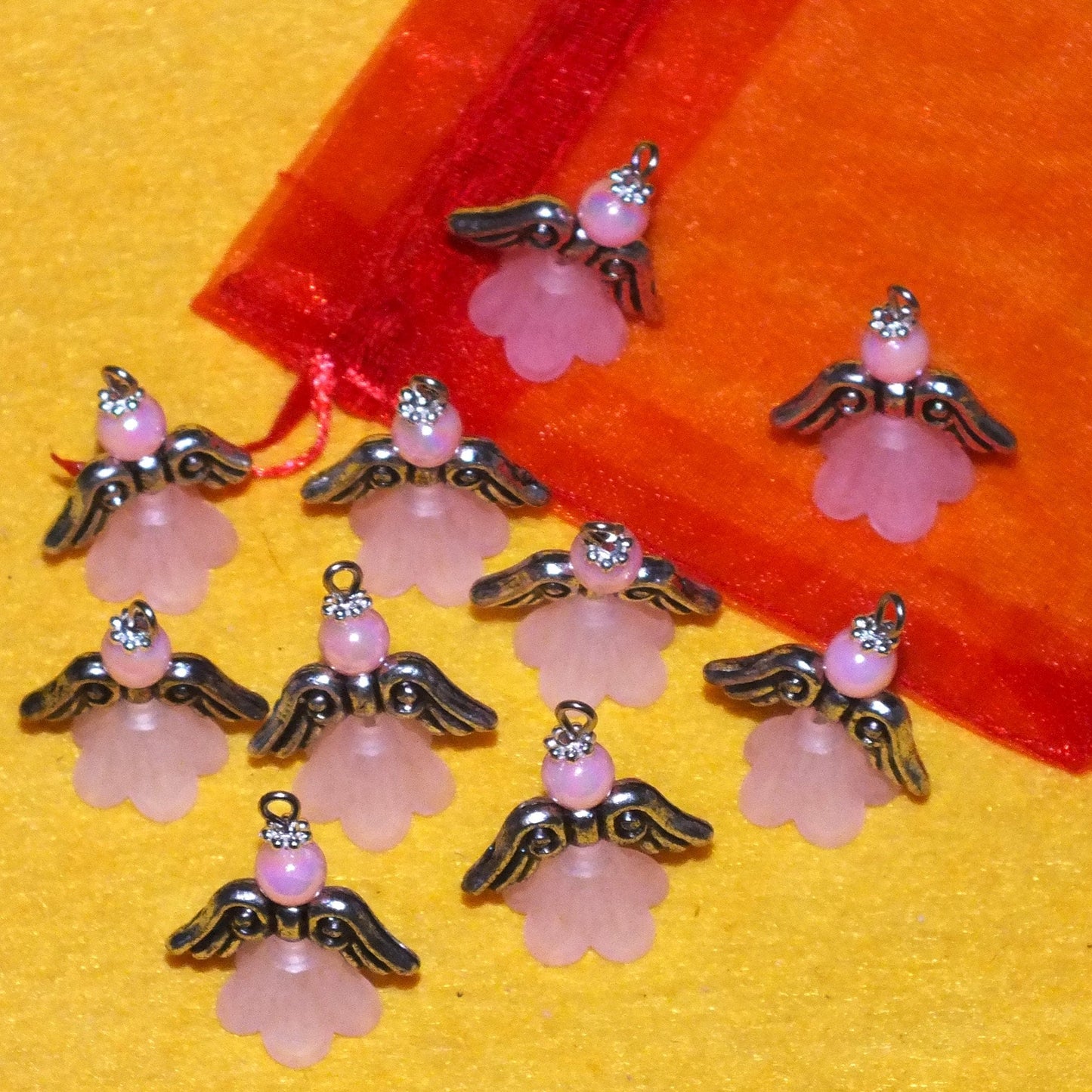 Pink frosted large angel charms (10-100pcs, plain, on clasps or lanyards)