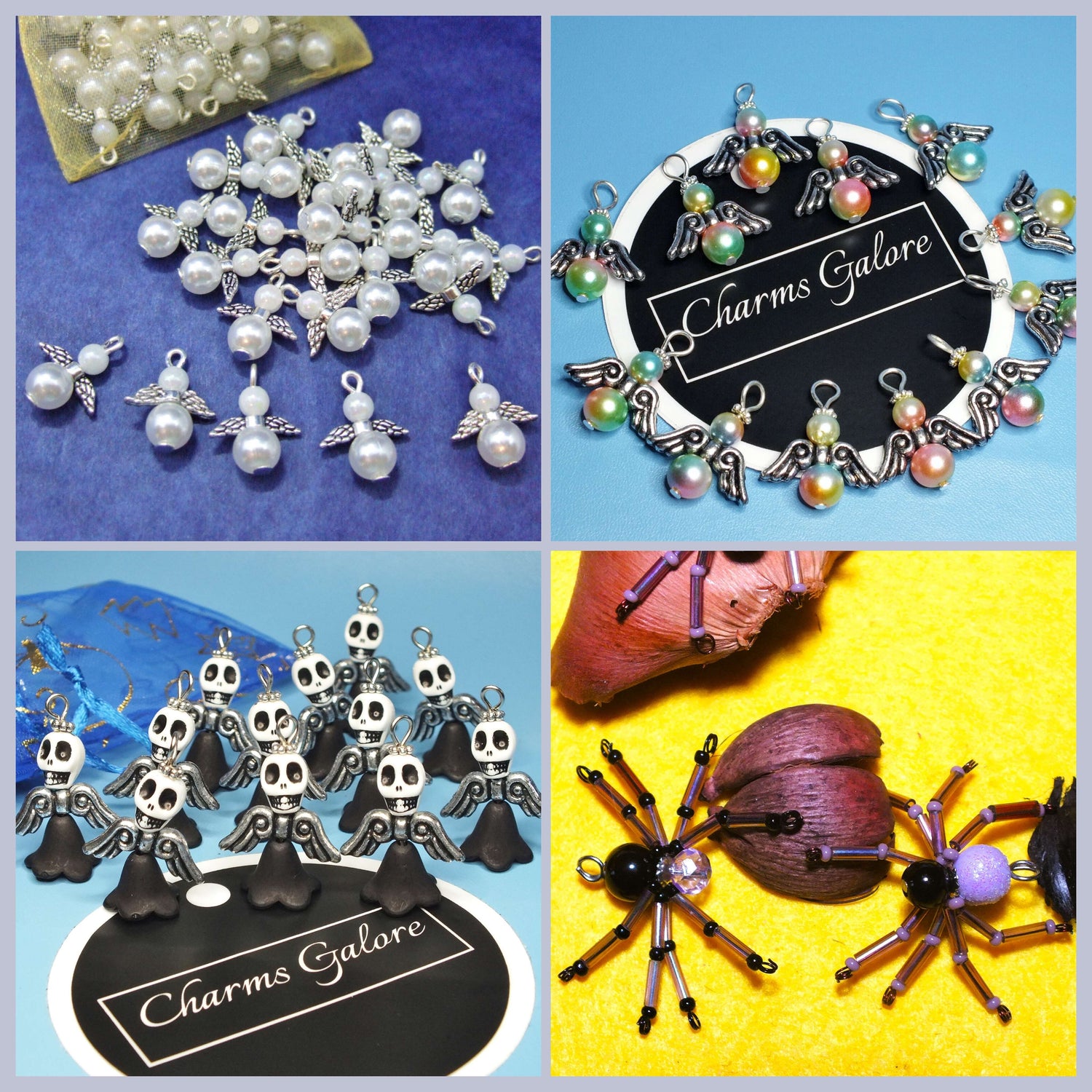 A picture of four types of handmade charms available. Small white pearlised angels, rainbow angels, halloween skull angels, and beaded spiders.