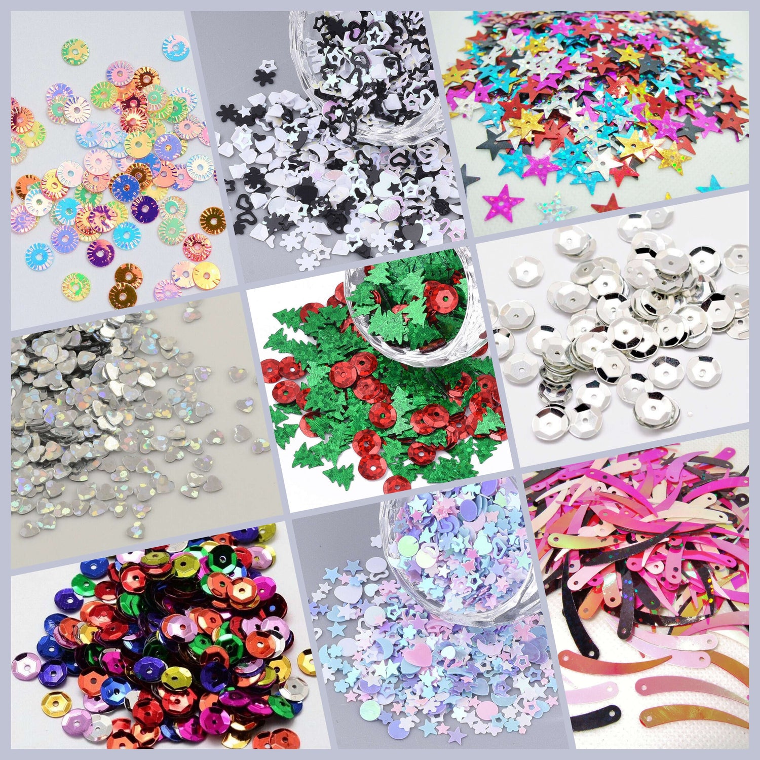 A collage showing a variety of different sequins and embellishments, including stars, cupped sequins, hearts, Christmas trees, spikes, and mixed shapes.
