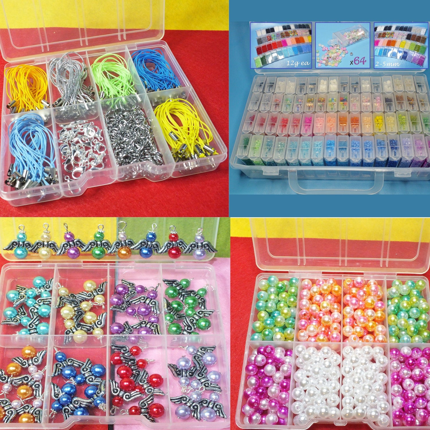 The image shows four sample craft boxes. One contains lanyards and lobster clasps, another contains a range of handmade angels, a third contains pearl beads, and the fourth is a large gift set of differently coloured seed beads in a large carrycase.