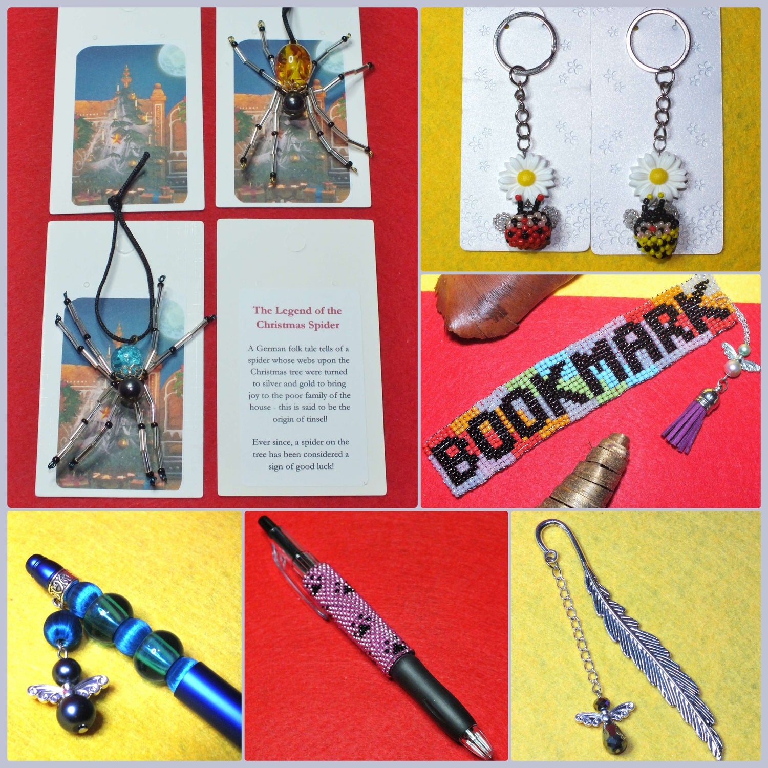 A collage depicting a number of handmade items, including beaded animal keyrings, beaded pen covers, beaded spiders and bookmarks with handmade angels attached.