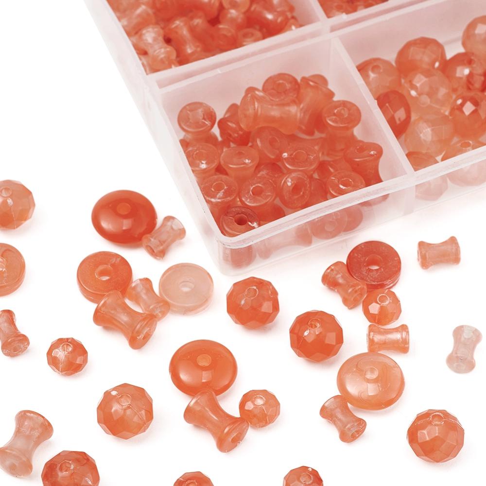 220pcs assorted shapes - coral imitation gemstone bead box. Rondelles, discs, diabolo shapes.