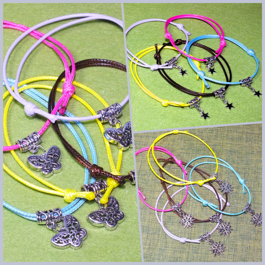 Adjustable multicoloured SNOWFLAKE / STAR / BUTTERFLY friendship charm bracelets, packs of 5 / 10 / 20 / 30
