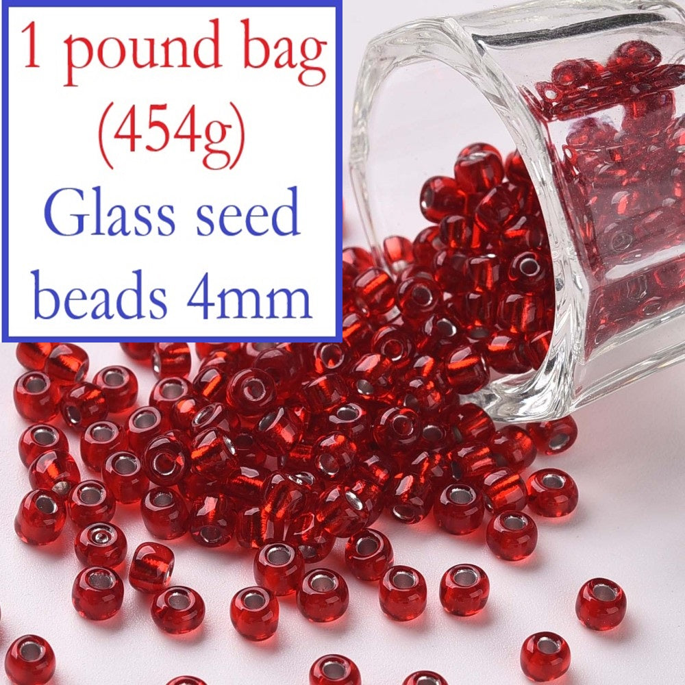1lb (454g) Bulk Bag - 4mm Red Silver Lined Glass Seed Beads