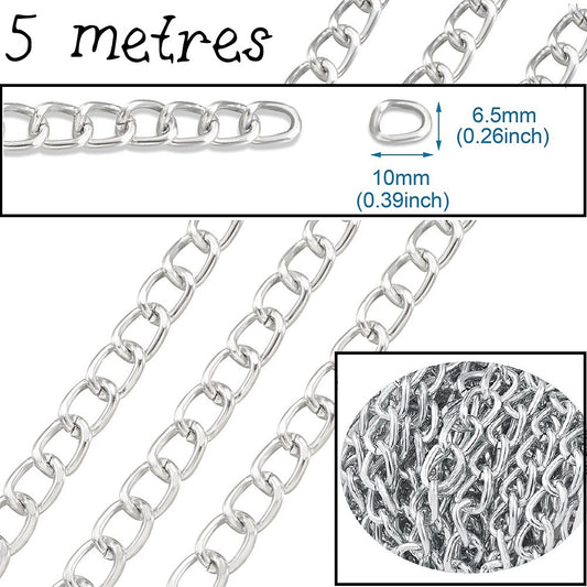 Aluminium twisted curb chain, 5 metres silver tone jewellery chain for bracelet / necklace making