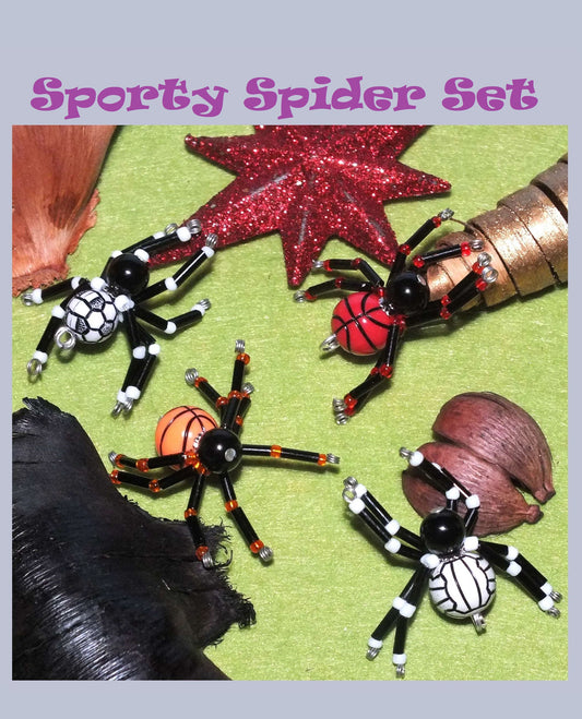 4-pack beaded spider charms - "Sporty Spider Set", handmade - plain or on lanyards