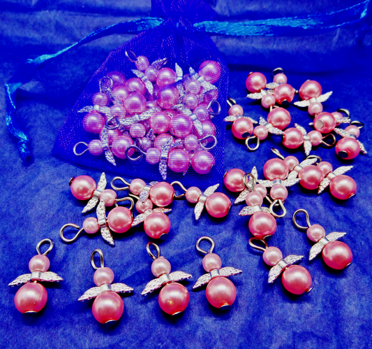Hot pink pearl angel charms (24pcs, plain, on clasps or lanyards)