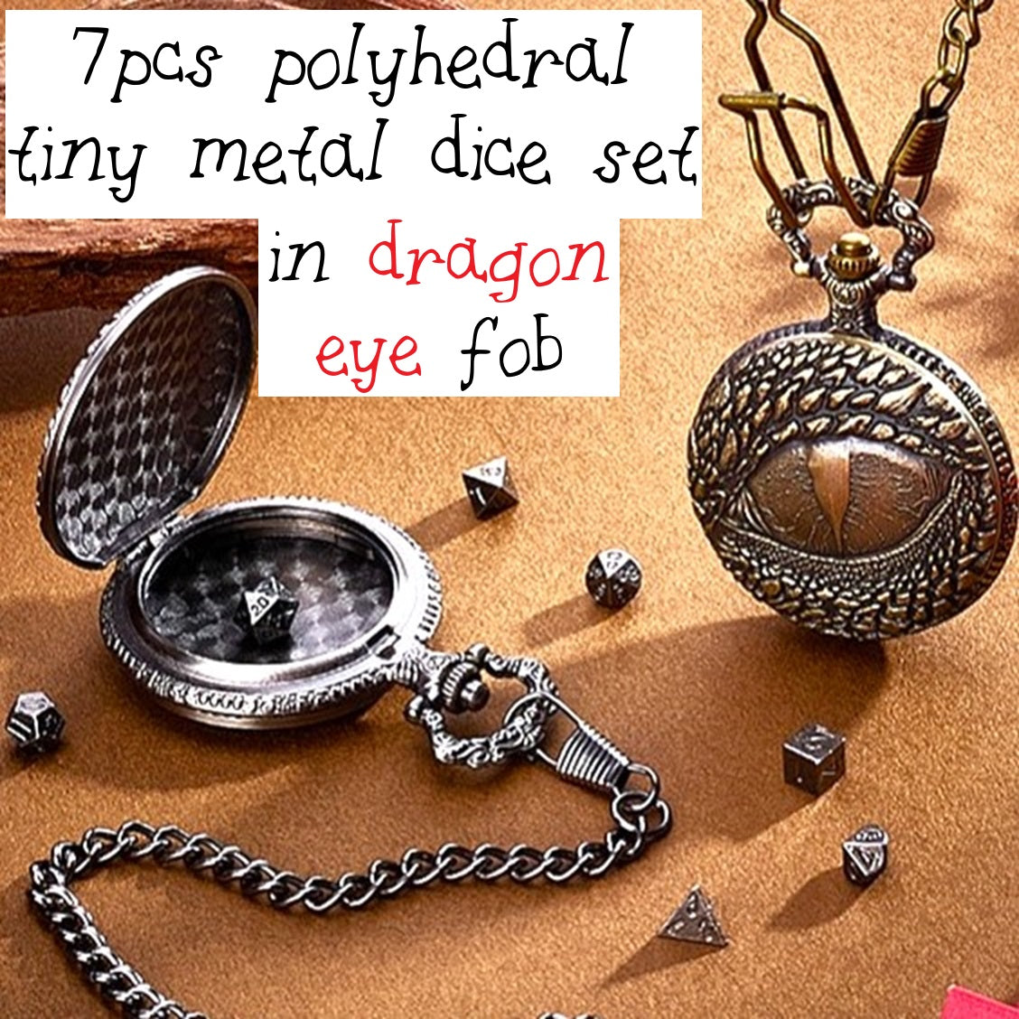 7pc Tiny Metal Polyhedral Dice Set in a Dragon Eye Fob - TTRPG gifts