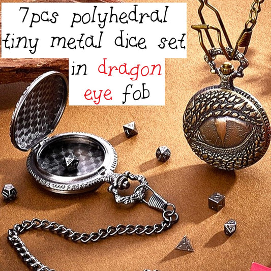 7pc Tiny Metal Polyhedral Dice Set in a Dragon Eye Fob - TTRPG gifts