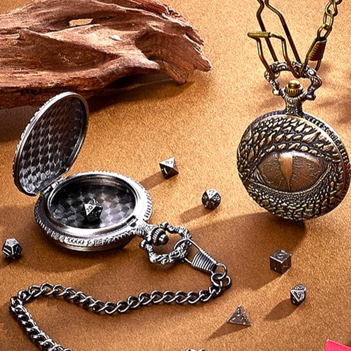 7pc Tiny Metal Polyhedral Dice Set in a Dragon Eye Fob - TTRPG gifts