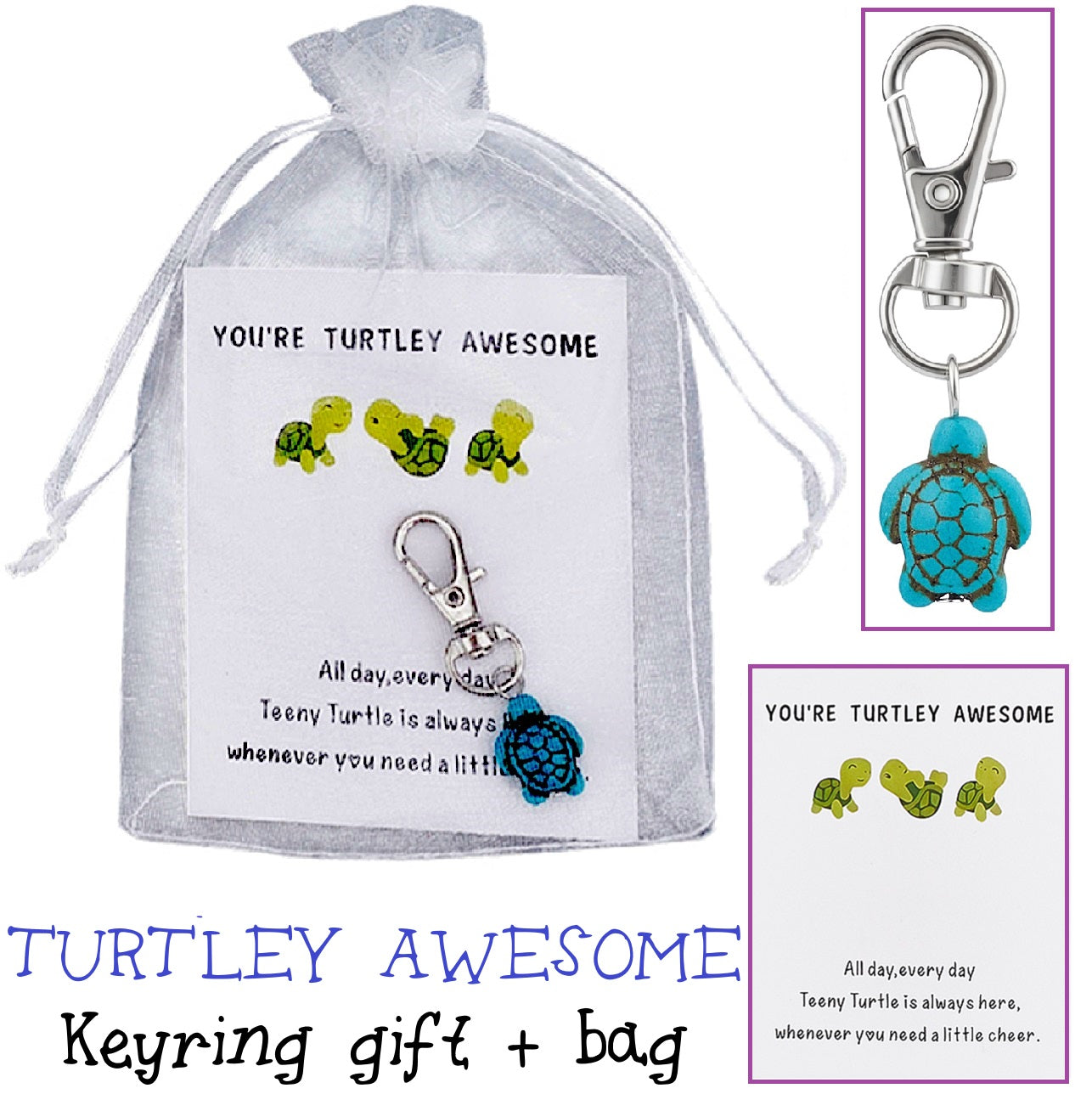 You're Turtley Awesome - Little Pocket Hug Turtle Keyring Gift with card in organza bag