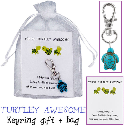 You're Turtley Awesome - Little Pocket Hug Turtle Keyring Gift with card in organza bag