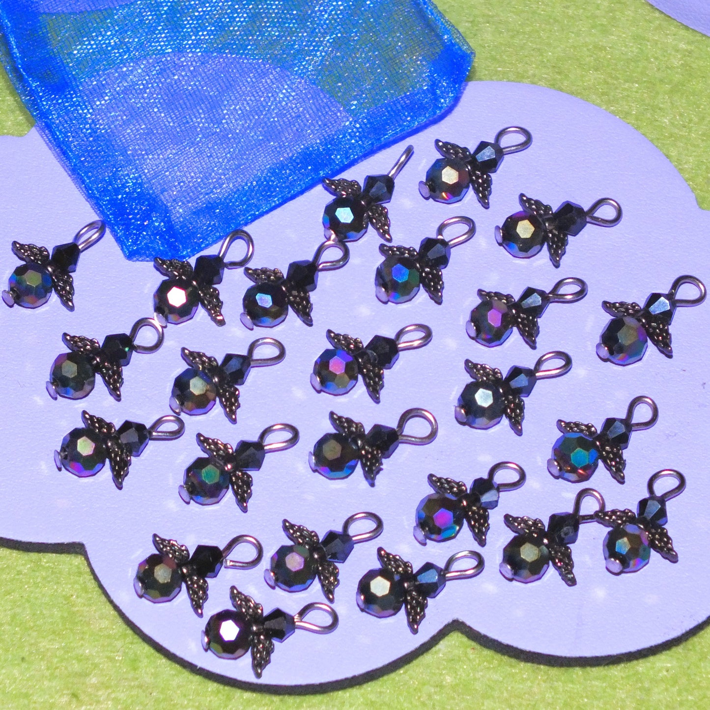 Black glass angel charms (24pcs, plain, on clasps or lanyards)