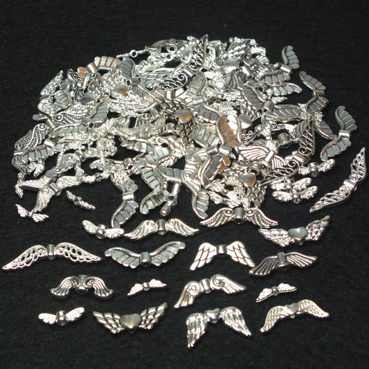 75g (120pcs approx.) mixed angel / fairy wing spacer beads, silver tone metal, sizes 12mm - 30mm