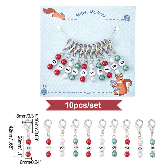 10pcs Christmas stitch markers, numbered 0-9 beaded dangle charms on clasps