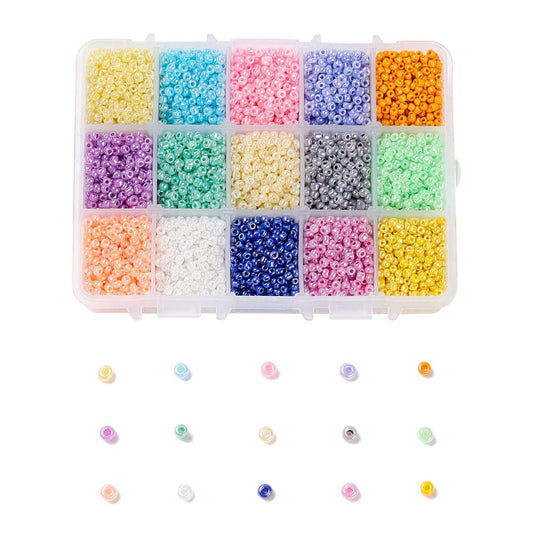 7500pcs box 15 colours of 3mm mixed pearlised seed beads. 500pcs per colour.