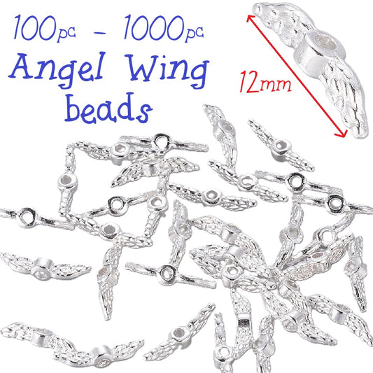 100 - 1000pcs angel / fairy wing spacer beads, 12mm x 3mm - bright silver tone metal