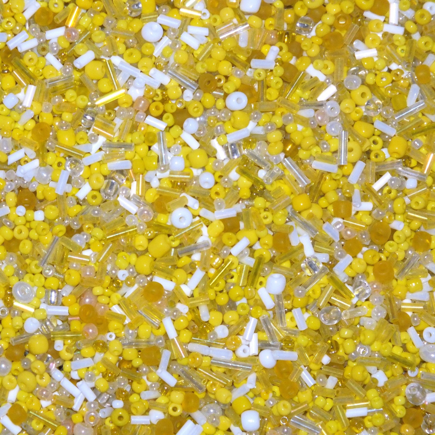 50g - 1kg Seed & bugle mixes - LEMON mix, 1mm~7mm glass beads - yellow, white, clear