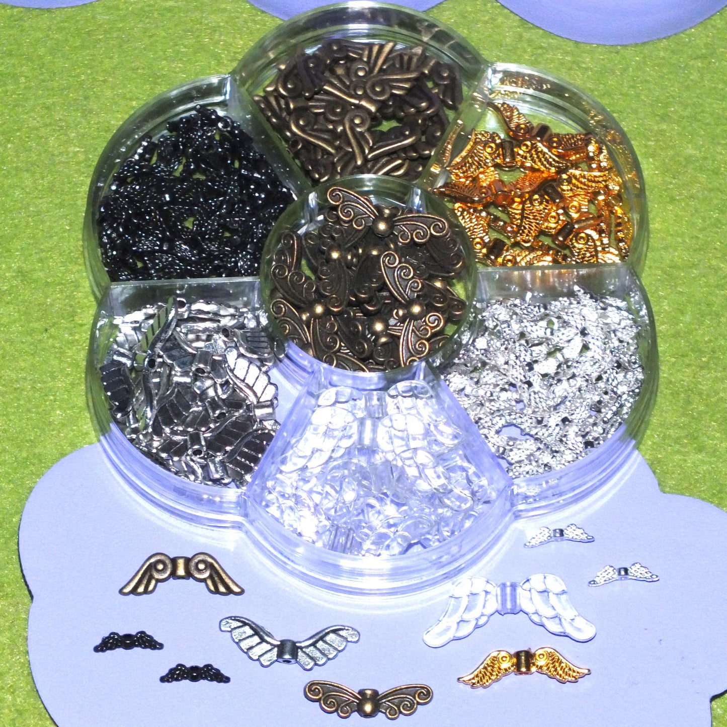220pcs Angel wings spacer beads box - assorted sizes, styles & materials