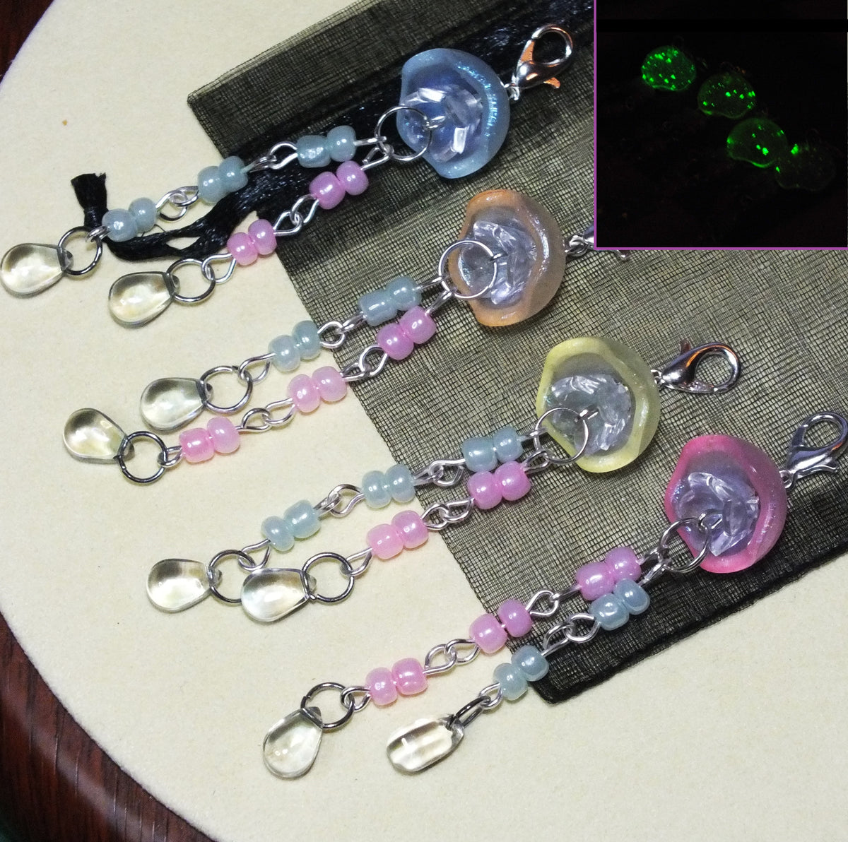 Set of 4 Jellyfish Glow In The Dark Handmade Dangle Charms