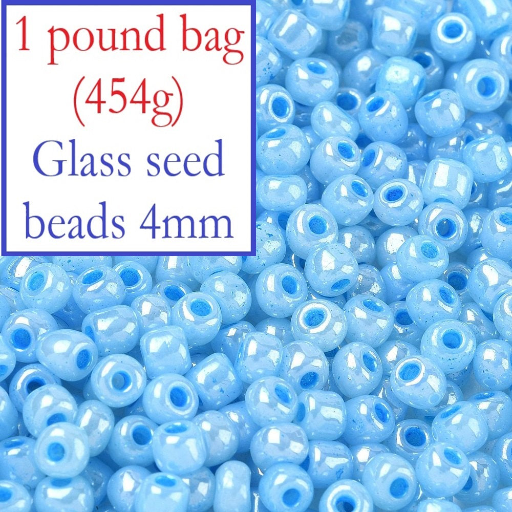 1lb (454g) Bulk Bag - 4mm Blue Pearlised Glass Seed Beads