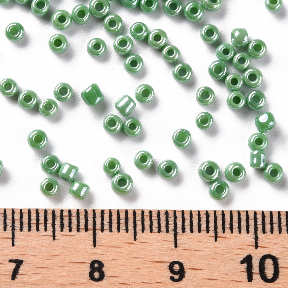 2mm pearlised green glass seed beads, 50g - 1kg