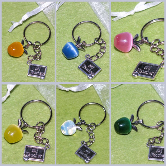 Thank you teacher gift - keyring with opalite apple & charm (silver tone)