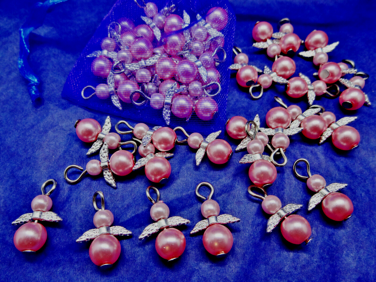 Hot pink pearl angel charms (24pcs, plain, on clasps or lanyards)
