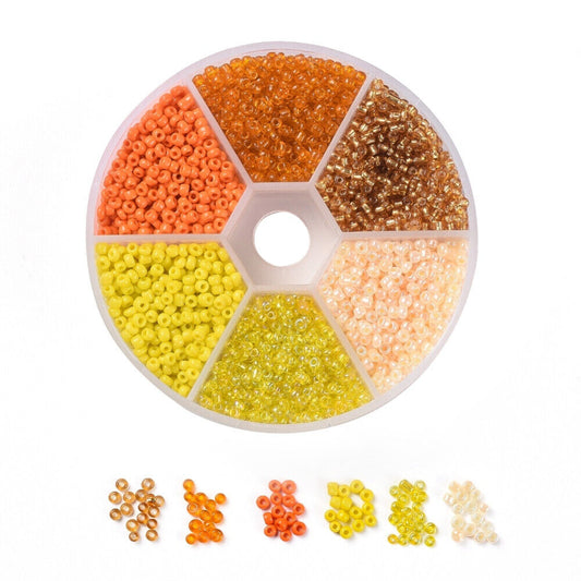 2mm seed bead selection box - orange / yellow, assorted styles and finishes