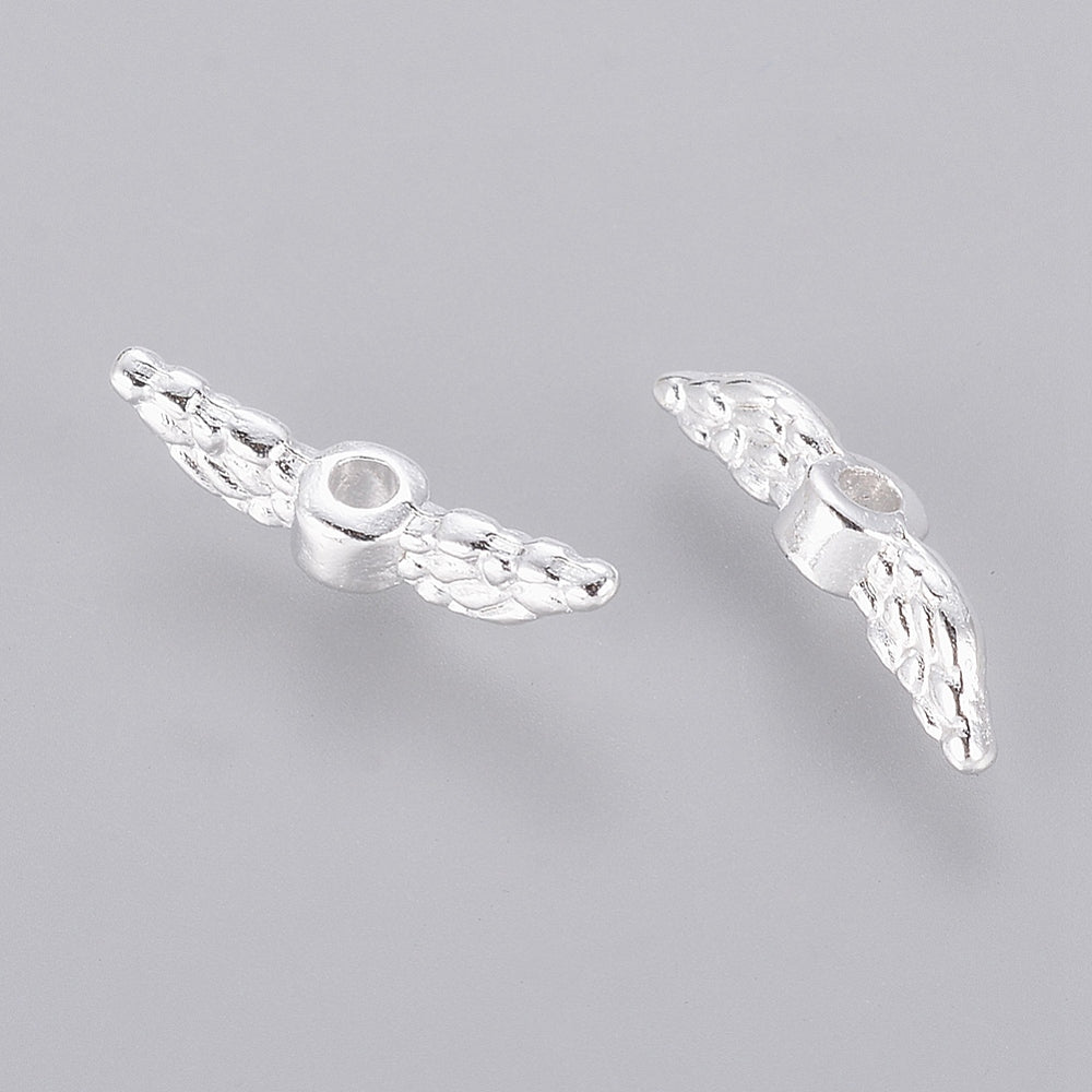 100 - 1000pcs angel / fairy wing spacer beads, 12mm x 3mm - bright silver tone metal