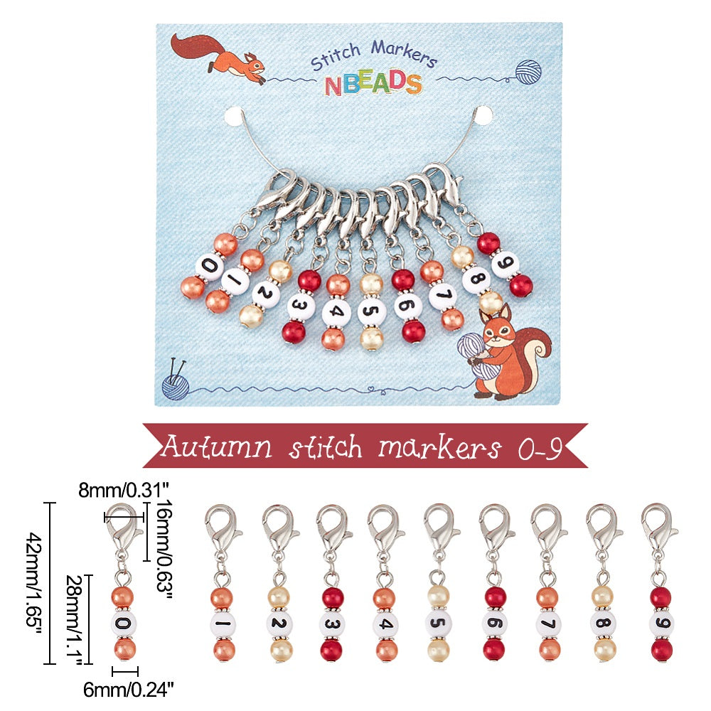 10pcs Autumn stitch markers, numbered 0-9 beaded dangle charms on clasps